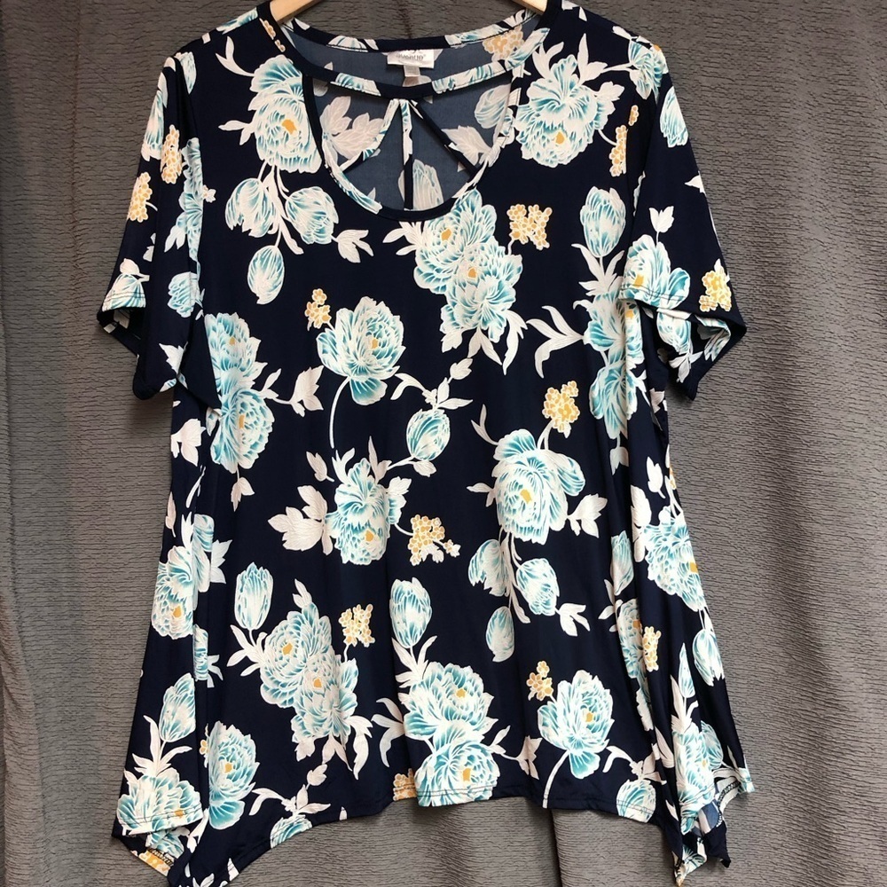 Avenue 18/20 cage neck top with navy white teal and yellow floral pattern